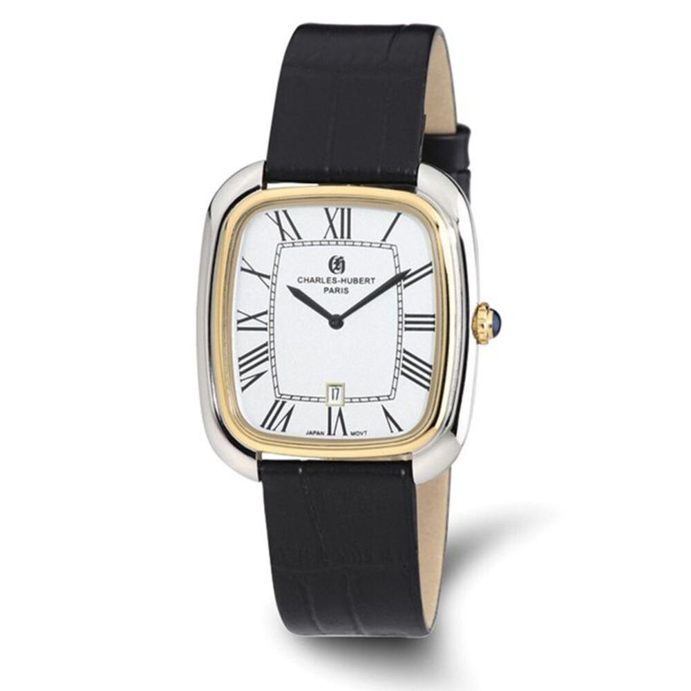 Charles Hubert Ladies IP 2-tone Square Black Leather Band Watch